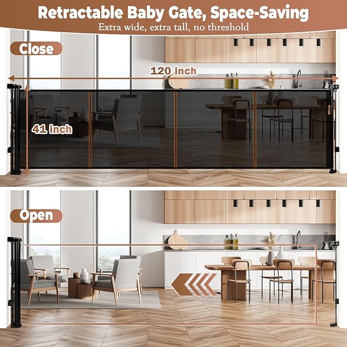 120" Retractable Baby Gate Extra Wide, 41" Tall Retractable Dog Gate for Stairs, Doorways, Decks, Mesh Gate Long Child Gate Pet Gate for Indoor, Outdoor, with Reinforced Mesh Rods, Dual Locks