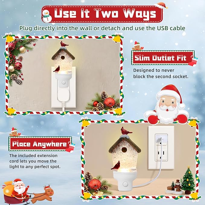 Christmas Night Light Plug into Wall Swirling Glitter USB Portable Christmas Decorative Night Light Decoration for Kids Adults Bedroom Kitchen Living Room Holiday Decor (Bird House)