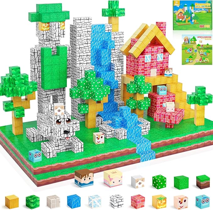 Magnetic Block Building Blocks 160PCS Magnet Cubes Toys, Build 3D Forest World Set, STEM Montessori Sensory Toys for Kids Boys and Girls Ages 3-5 4-8
