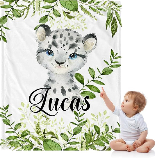 J&SBGFT Personalized Baby Blanket,Custom Naming Baby Receiving Blanket for Toddlers Kids Nursery Stroller Crib Decor Throw,Green Leopard