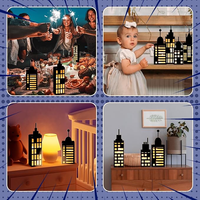 15 Pcs Hero Party Favor Boxes Skyscraper 3D City Box Skyline Buildings Heroes Candy Goodies Boxes Hero Theme Centerpiece Decorations Birthday Party Supplies(Warm)