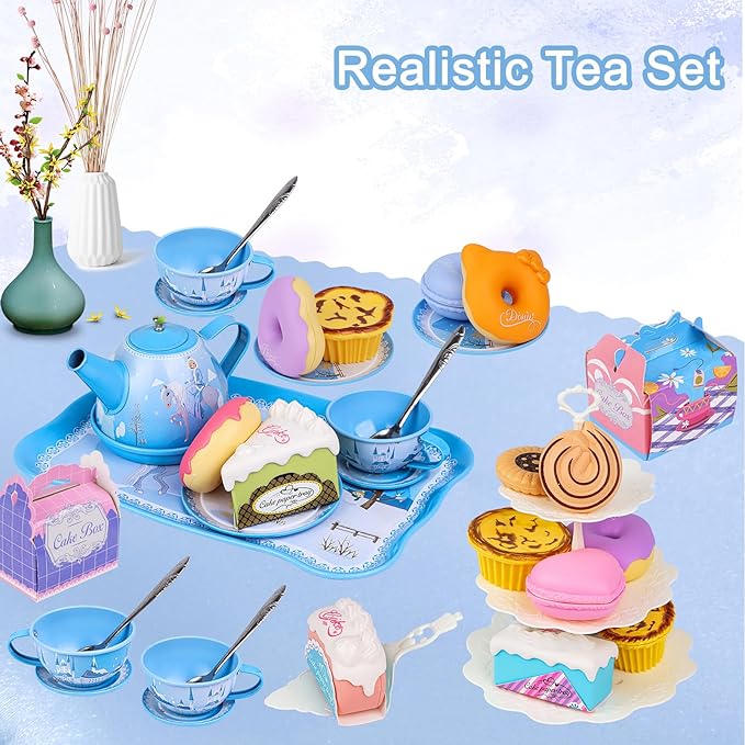 PRE-WORLD Tea Party Set for Little Girls, 46Pcs Princess Tea Time Toy Including Dessert,Cookies,Doughnut,Teapot Tray Cake,Tablecloth,Gloves & Carrying Case,Kitchen Pretend Play for Girls Boys Age 3-6