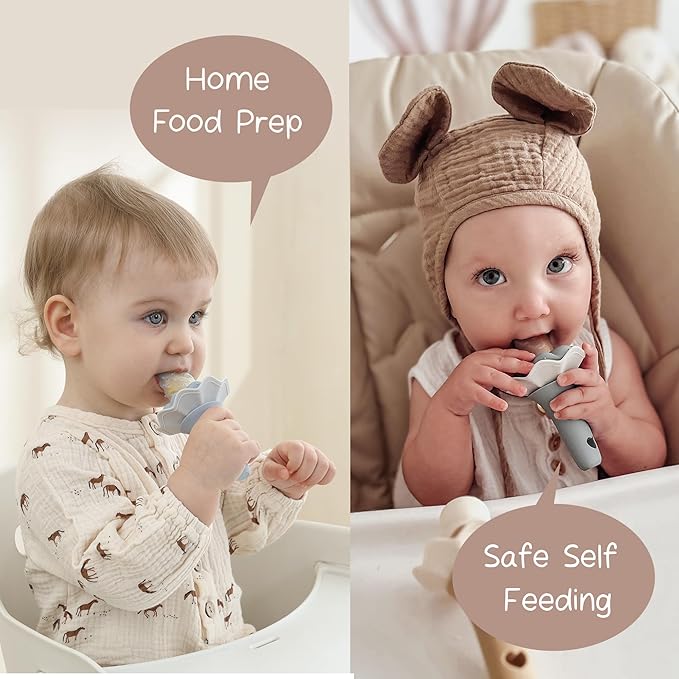 Moonkie Baby Fruit Feeder, BPA Free Silicone Food Feeder for Infant Self Feeding, Mesh Feeder with Two Pouches, Baby Shower Gifts 4 Months+, 2 Pack (Without Freezer Tray)