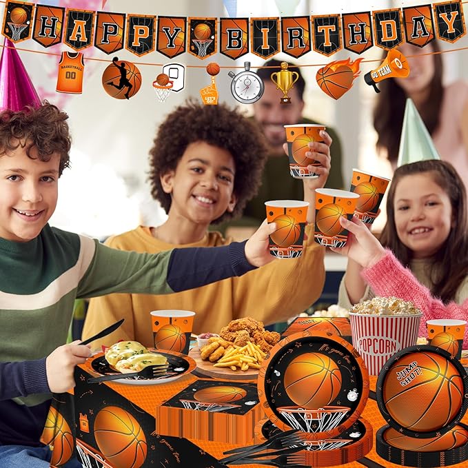 Basketball Party Supplies, 142Pcs Basketball Sports Theme Birthday Party Supplies Tableware Set,Include Basketball Plates and Napkins,Cups,Banner,Tablecloth for Basketball Birthday Decorations