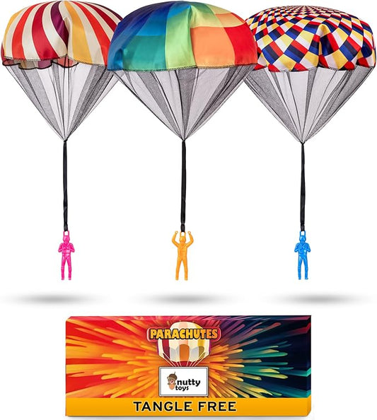 NUTTY TOYS Parachute Toys for Kids - Tangle Free Outdoor Flying Parachute Men, Top Indoor & Outside, 3 4 5 6 7 8 9 10 11 12 Year Old, Best Christmas Stocking Stuffers Idea 2025 Unique Boy & Girl Gifts