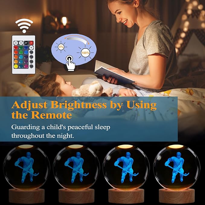Hockey Night Light, Ice Hockey Gifts, Hockey 3D Crystal Ball Night Light with Remote Upgraded 3.15 Inch Lamps with 16 Color for Birthday Xmas Cool Figurines Gifts for Room Decor Boys Girls