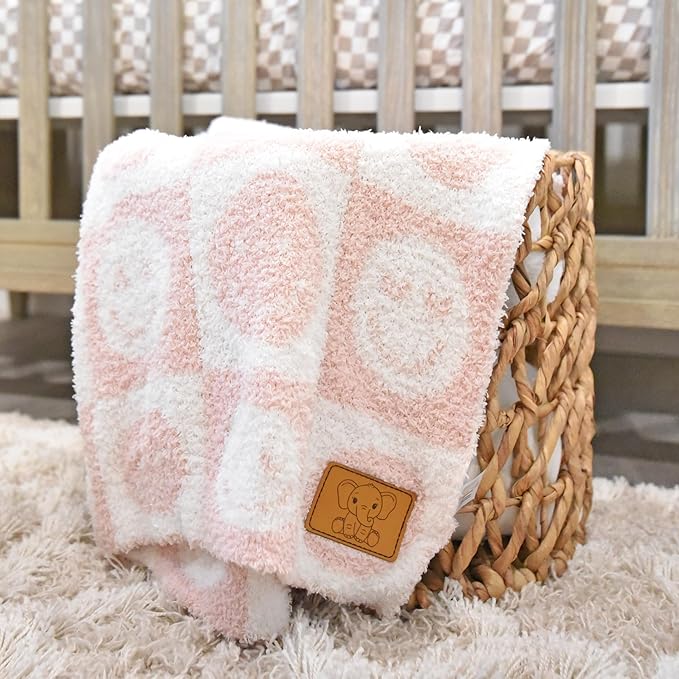 Checkered Smiley Face Baby Blanket 28"x40" - DreamSoft Knit Throw for Crib, Stroller or Car Seat - Receiving Blanket/Newborn Nursery Gift Essential for Toddler, Infant, Kids, Boys & Girls (Pink/White)
