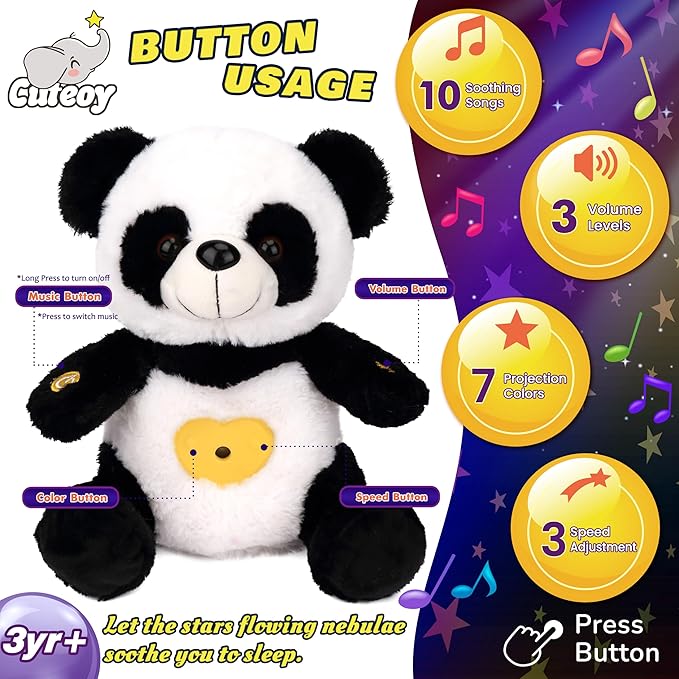 Cuteoy Plush Panda Star Projector Musical Adjustable Singing Night Light Stuffed Animals Glowing Plushies Toy Gifts for Kids Birthday Easter Christmas,12''