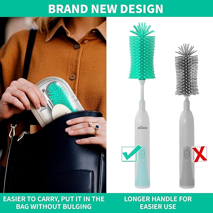 Electric Bottle Brush Cleaner New Upgrade, Portable Electric Baby Bottle Brush Cleaner for Travel, Travel Bottle Cleaner Kit with Nipple & Straw Brush, Perfect Mom Essentials After Birth Gift, Green
