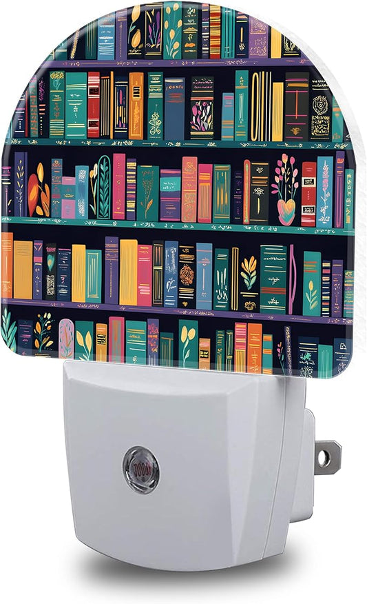 Book Night Light, Bookshelves Night Lights Plug into Wall Dusk to Dawn Sensor Round Nightlight for Women Men Energy Efficient Led Lamp 0.5W for Stairway Hallway Bedroom