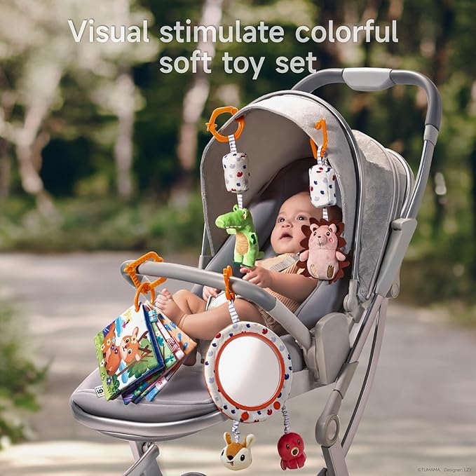 TUMAMA Car Seat Toys 3 6 9 12 Months, Plush Animal Rattle Mirror Soft Crinkle Book Baby Enlightenment Toy Set, Newborn Crib Stroller Play Gym Hanging Toys
