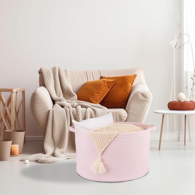 Large Cotton Rope Basket Blankets Basket Living Room 22"x14" Toy Baskets for Kids and Dogs Rope Storage Baskets for Nursery Woven Laundry Baskets for Clothes Towels Baby Toy Storage Round pink