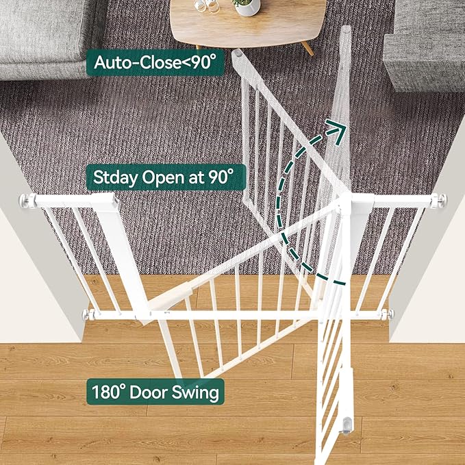 BABELIO 36" Tall Dog Gate PressGuard C5, 26-40" Wide Auto Close Baby Gate, Pressure Mounted Metal Pet Gate, Easy Install No Drilling, No Tools Needed, with Wall Protectors and Extension Kits, White