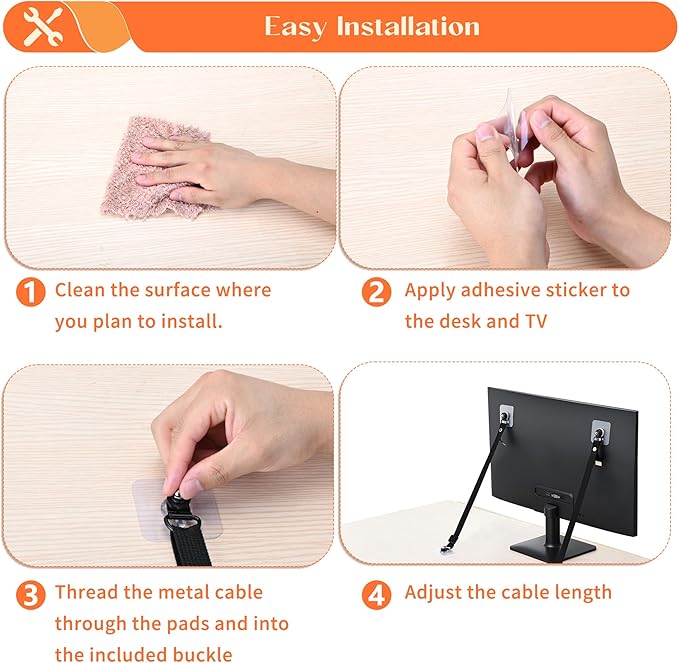 2 Pack TV Safety Straps Adjustable, Adhesive Anti-Tip Furniture Anchor for Flat Screen, TV and Furniture Safety Straps for Baby Proofing, Black