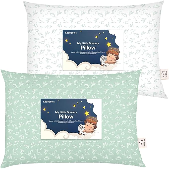 KeaBabies 2-Pack Toddler Pillow 13x18 - Soft Organic Cotton Kids Travel Bed Pillows for Sleeping, School, Nap, Machine Washable, Toddlers 2 to 5, Pillowcase Sold Separately (DinoLand)