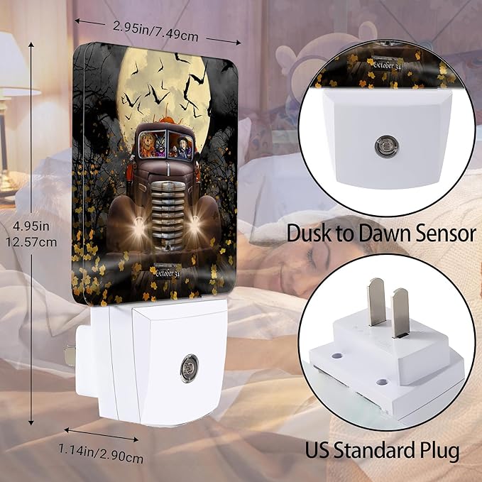 Halloween Truck Night Light, Witch Cat Pumpkin Night Lights Plug into Wall Decorations for Bedroom, Bathroom, Dusk to Dawn Sensor Nightlights for Girls Women Room Gifts