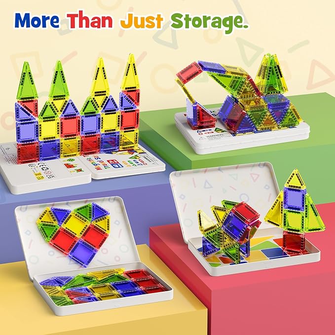 Mini Magnetic Tiles for Kids Travel - 40pcs STEM Building Blocks with Visual Storage Guide & Metal Box Play Base, Toddler Airplane Activities Toys for Ages 3-5,4-8, Compact Travel Toys