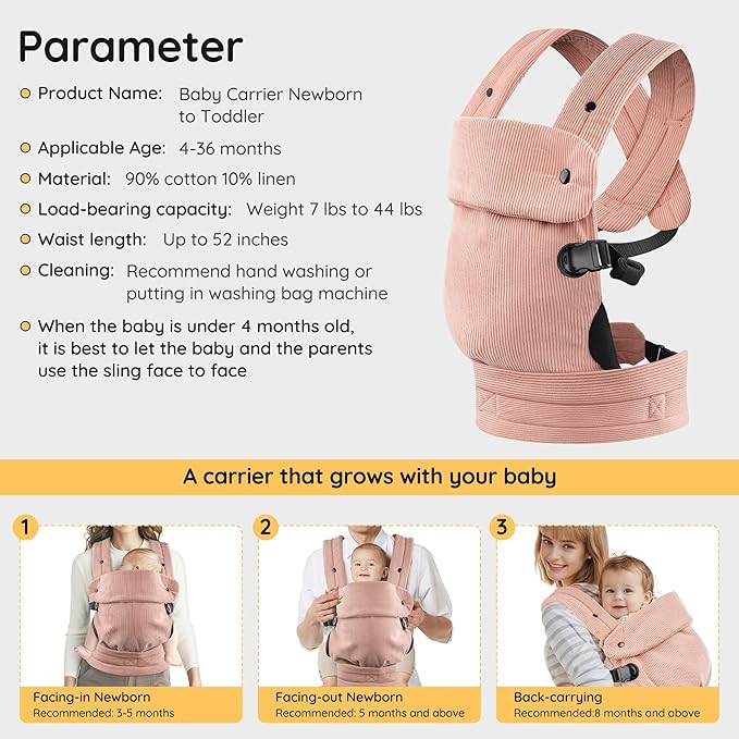 Baby Carrier Newborn to Toddler- Ergonomic,Cozy and Lightweight Infant Carrier for 7-40lbs,3 Carry Positions Newborn Carrier,Pink