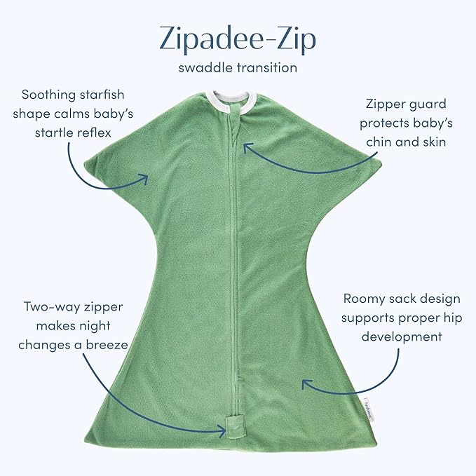 SleepingBaby Zipadee-Zip Transition Swaddle - Cozy Fleece Wearable Blanket with Two-Way Zipper for Baby Sleep - Fleece Basil, Large (12-24 Month)