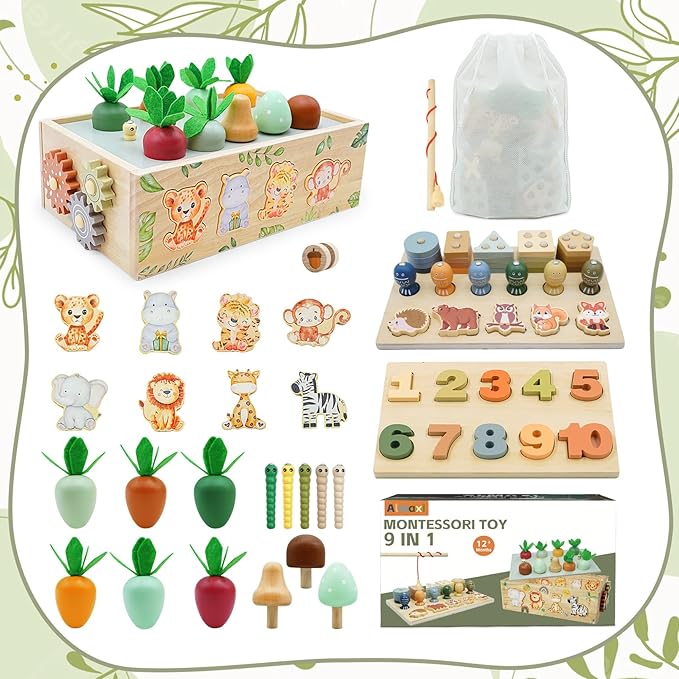 Montessori Wooden Toys for 1+ Year Old, 9 in 1 Montessori Toddler Toy with Preschool Educational Toys for 2+ Year Old, Birthday for Boys Girls Aged 1 2 3 4 Years
