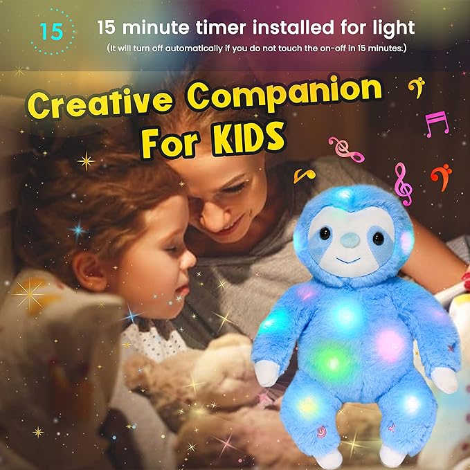 Hopearl LED Musical Plush Sloth Lighting Up Stuffed Animal Three Toed Sloth Floppy Night Lights Glow in The Dark Birthday Festival for Kids Toddlers, Blue, 12.5''