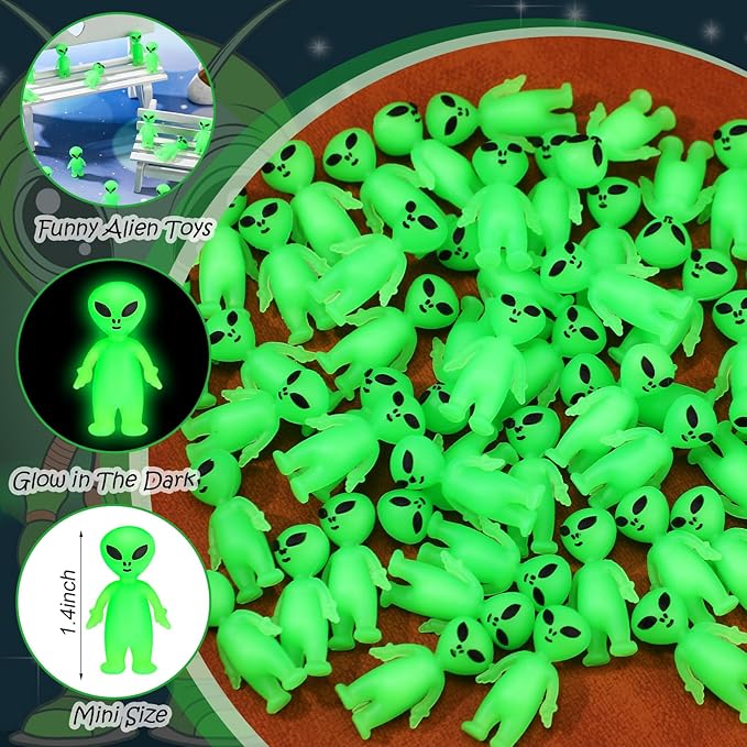 300 Pcs Mini Alien Figures Glow in the Dark Small Little Tiny Aliens Figurine to Hide and Seek for Space Party Favors Prank Rubber Toys Bulk Gifts for Halloween Party Goodie Bag Fillers