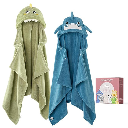 Momcozy Baby Bath Towels with Visualize Health Label - Ultra Soft & Absorbent Coral Fleece Hooded Towels for Newborn, Infant, Toddler (0-36 Months) Bath Essentials (Large Size,2 Pack)