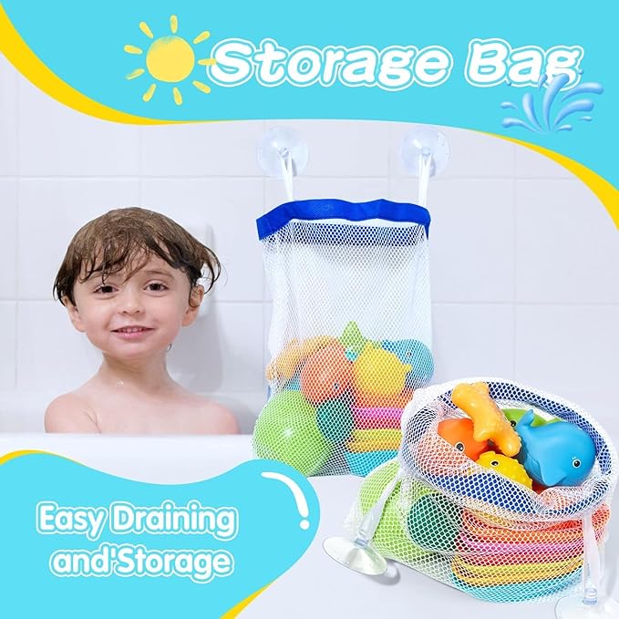 Toddler Bath Toys for Babies, 26 Pcs Mold Free Bathtub Toys with Fishing Rod Floating Boats Spoons Bucket No Hole Sea Animals and Storage Bag, Water Table Pool Toys for Toddlers and Kids