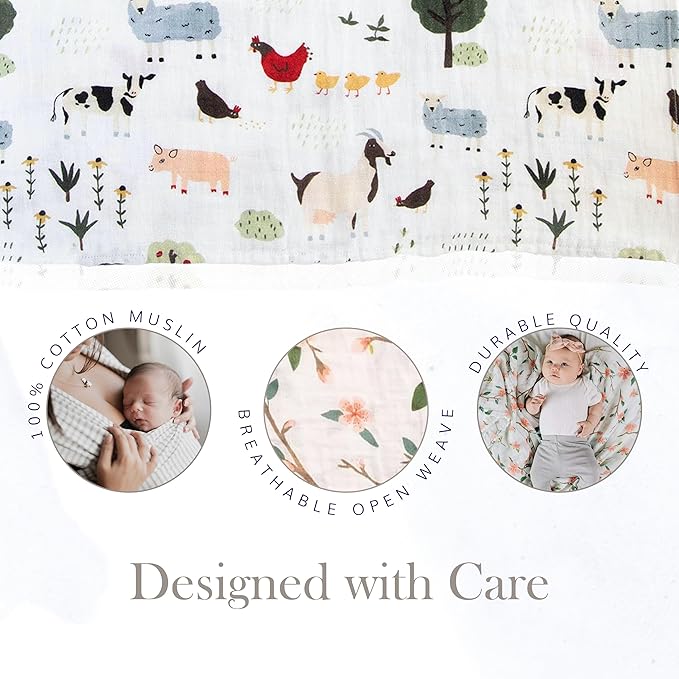 RED ROVR 100% Organic Cotton Muslin Swaddle | Newborn Receiving Blanket | Baby Wrap | Boy, Girl, Unisex | Soft, Lightweight, Breathable | Burping, Nursing | 44" x 44" | Family Farm