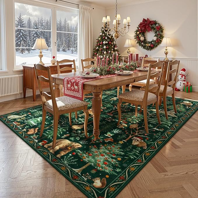 OJIA Christmas Area Rug 8x10 Green Rugs for Living Room, Xmas Animal Washable Rugs 8x10 Soft Bedroom Throw Rug, Holiday Dining Room Carpet Non-Slip Low Pile Carpet for Kids Room Nursery