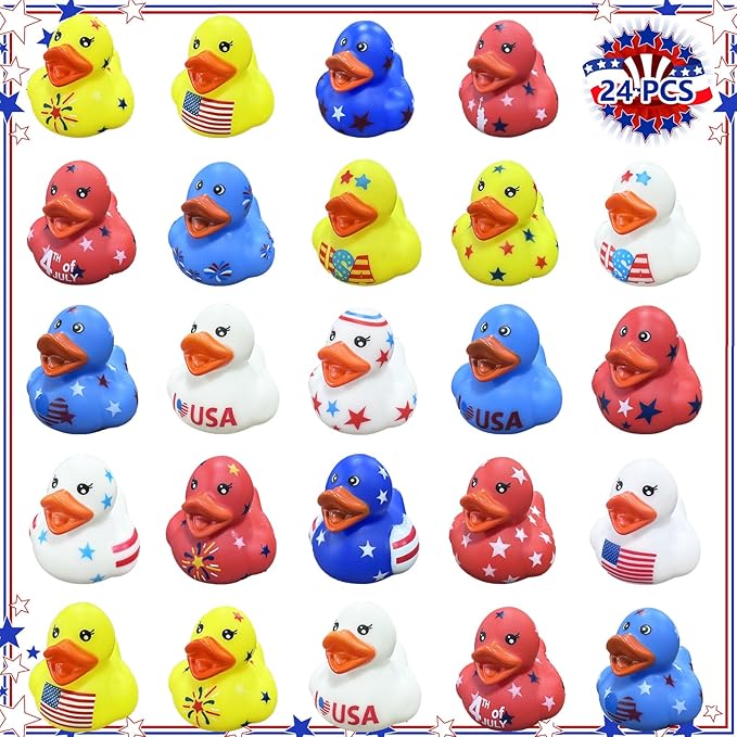 24Pcs Patriotic Rubber Ducks,4th of July Rubber Ducks for Jeeps,USA Memorial Day Independence Day Party Favors,Mini Duck for Baby Showers Bath Toys Gifts