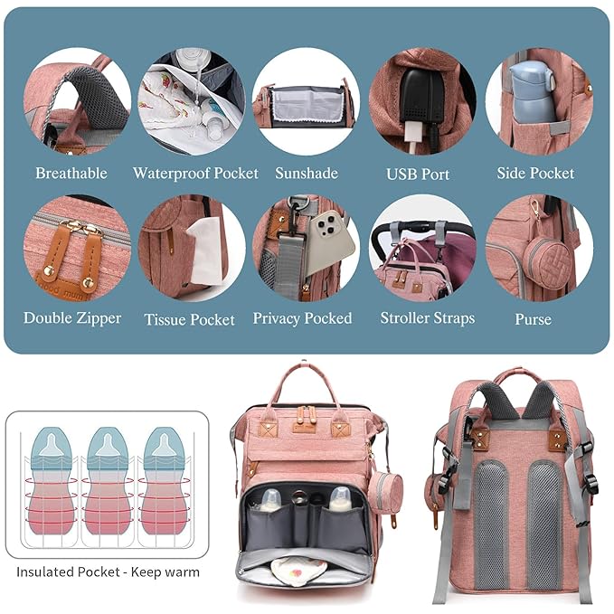 Jeryswet Baby Diaper Bags with Changing Station, Waterproof Large Capacity Diaper Bag Backpack for Moms Dads with USB Charging Port and Stroller Straps, Baby Shower Gifts, Pink