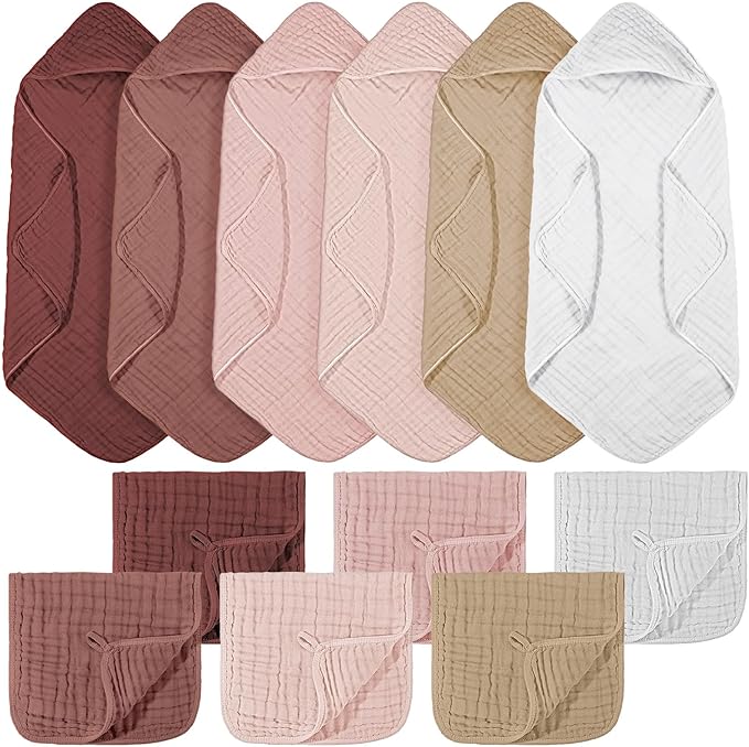 VitalCozy 12 Pcs Baby Muslin Hooded Bath Towels and Washcloths, 32 x 32 Inch Muslin Hooded Baby Towels Absorbent Blankets for Gift Newborn Infant Shower (Girl Style)