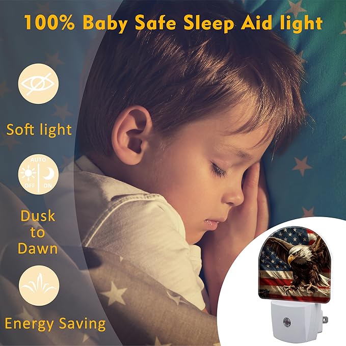 American Flag with Eagle Night Light Plug into Wall,Retro The USA Flag Patriotic Dusk to Dawn Night Light Plug in,0.5w Energy Saving Sleep Friendly NightLight for Kids Boys Girls Home Decor