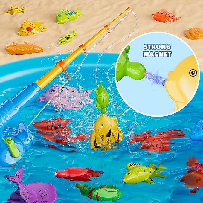 Magnetic Fishing Pool Toys Game for Kids Toddlers 3-5 4-8, Water Table Bathtub Toy with Inflatable Pool Pole Rod Net Plastic Floating Fish, Water Bath Pool Outdoor Toys for Kids Toddlers Baby