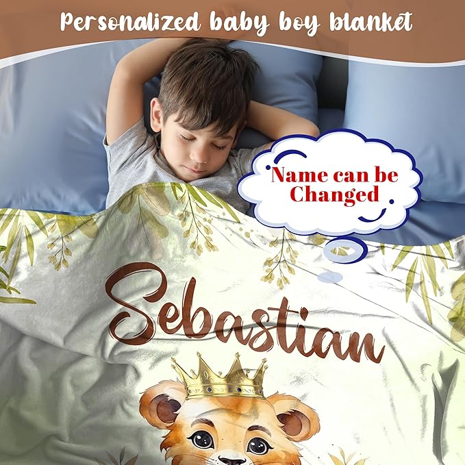 J&SBGFT Custom Baby Boy Lion Blanket with Name,Receiving Blanket for Toddlers Kids Nursery Stroller Crib Cuddles