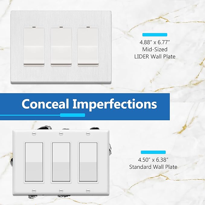 LIDER Brushed Finish Decorator Switch Cover, Screwless Wall Plate, Mid-Size 3-Gang 4.88" x 6.77", Unbreakable Polycarbonate Thermoplastic, UL Listed, LSWP-33M-BW, Brushed White