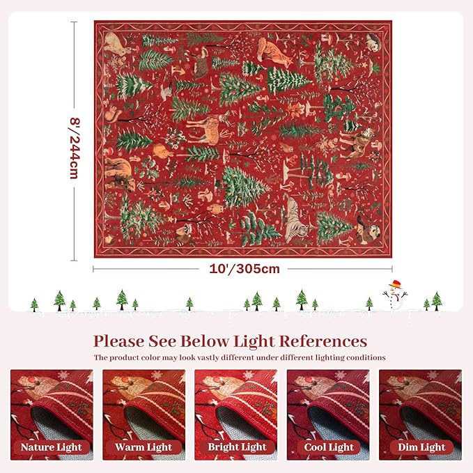OJIA Christmas Area Rug 8x10 Red Animal Living Room Carpet Bedroom Throw Rug, Holiday Washable Rugs Non-Slip Soft Low Pile Kids Nursery Rug Large Carpet for Playroom Dining Room Home Decor
