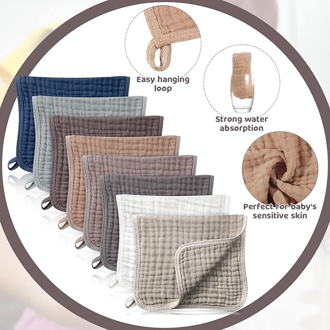 8 Packs Muslin Burp Cloths 6 Layers Unisex Baby Items Absorbent Burp Rags Colorful Muslin Washcloths for Baby Plain Soft Cotton Cloth for Babies Girls Boys, 10 x 20 Inch (Warm Colors)