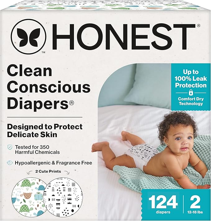 The Honest Company Clean Conscious Diapers for Sensitive Skin, Up to 100% Leakproof Hypoallergenic Fragrance-Free Baby Diapers, Gender Neutral Prints, Super Club Box, Size 2 (12–18 lbs), 124 Count