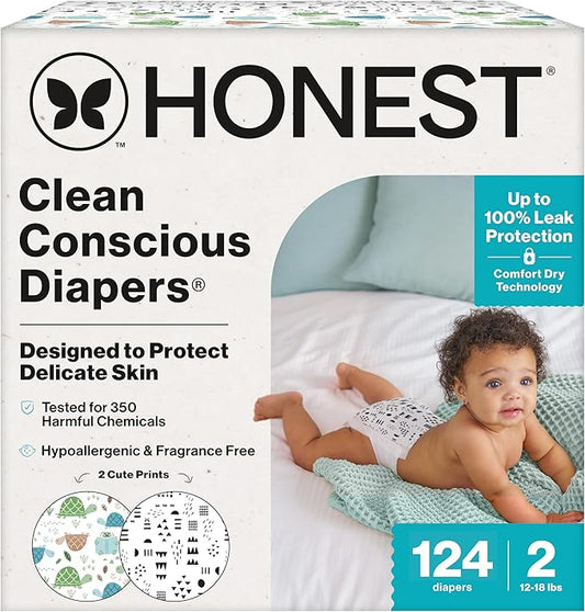 The Honest Company Clean Conscious Diapers for Sensitive Skin, Up to 100% Leakproof Hypoallergenic Fragrance-Free Baby Diapers, Gender Neutral Prints, Super Club Box, Size 2 (12–18 lbs), 124 Count