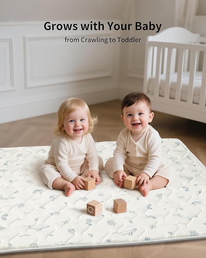 Play Mat for Baby, Soft Foam Floor Pads, 47"x47" Tummy Time Play mat for Infant and Toddler, Portable Foldable Puzzle Mat for Nursery, Outdoor Yard or Playpen (Ocean Ivory)