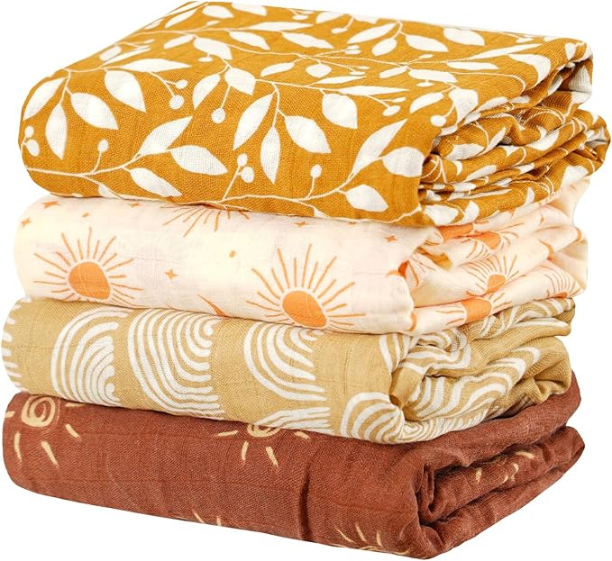 4 Set Muslin Swaddle Blankets for Newborn Baby Boys, Girls - Cute Soft Print Baby Towel Wrap 120x110cm - Yellow Floral