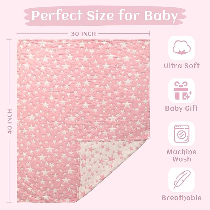 NTBAY 3 Layer Toddler Blanket, Muslin Cotton Jacquard Bed Blankets, Lightweight Thermal Baby Blanket, Super Soft and Warm Crib Blanket for All Seasons, Decoration Gift, 30"x40", Pink Star