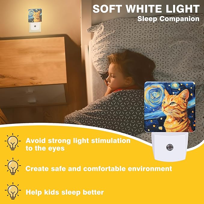 Night Light Orange Cat Watching Starry Night Night Lights Plug into Wall Smart Dusk to Dawn Sensor 0.5W Energy Efficient Led Lamp for Men Women Bedroom Bathroom Hallway Stairway Decor