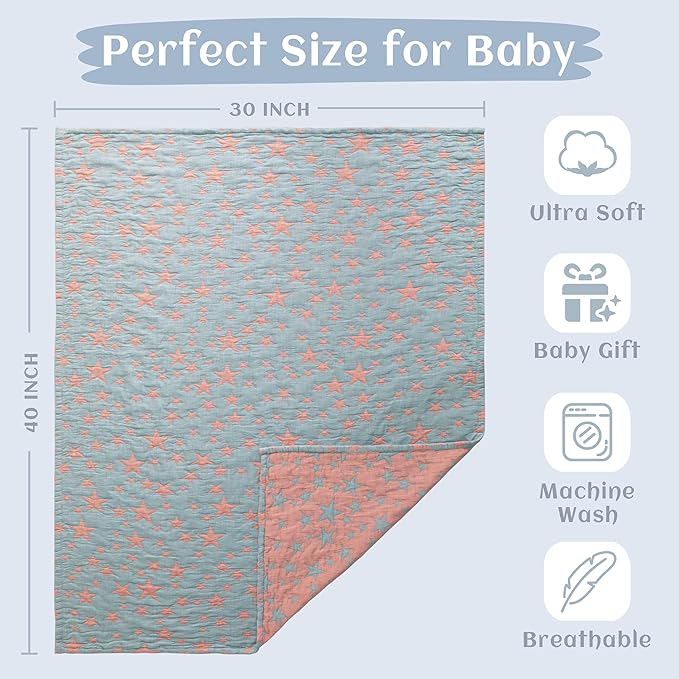 NTBAY 3 Layer Toddler Blanket, Muslin Cotton Jacquard Bed Blankets, Lightweight Thermal Baby Blanket, Super Soft and Warm Crib Blanket for All Seasons, Decoration Gift, 30"x40", Red and Blue Star