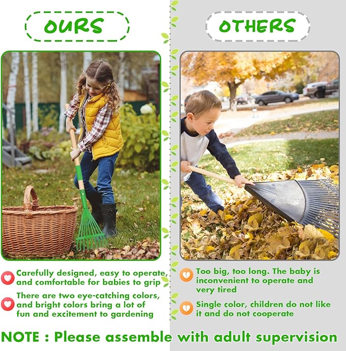 2Pcs Kids Rake Garden Tool Set Toy,Child Size Lawn Small Rakes and Garden for Leaves,Wooden Gardening Toy Rakes with Detachable Handles Outdoor Toys Gift for Boys and Girls (Green+Yellow)