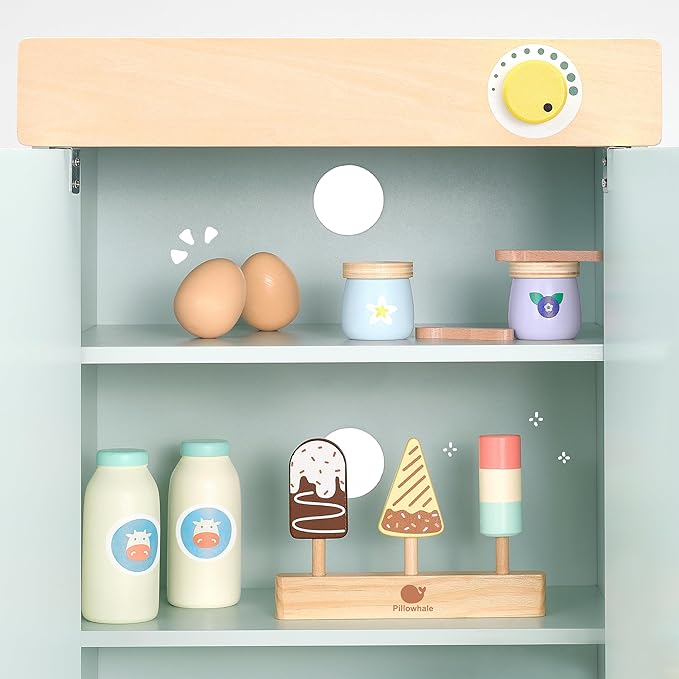 12-Piece Wooden Dairy & Ice Cream Play Food Set – Pretend Fridge Food Accessories w/ Milk Bottles Yogurt Cups Eggs Pastel Popsicles & Holder – Montessori Kitchen Toy for Kids Ages 3+