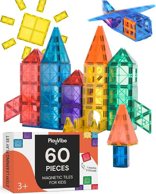 PLAYVIBE Magnetic Tiles - 60 Piece Set, Multicolor - Hands-On STEM Play & Stem Toys - Strong Magnets & Magnetic Tile Blocks - Sensory Toys & Car Creations