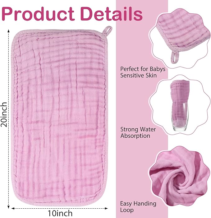 VitalCozy 6 Pcs Baby Muslin Hooded Bath Towels and Washcloths, 32 x 32 Inch Muslin Cotton Hooded Baby Towels Absorbent Hooded Blankets for Gift Newborn Infant Shower (Rose Red,Pink)